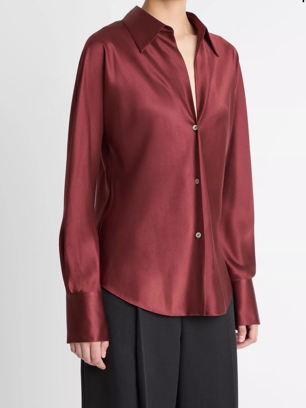 Vince 100% Silk Women's Burgundy Button-Front Long-Sleeve Shirt